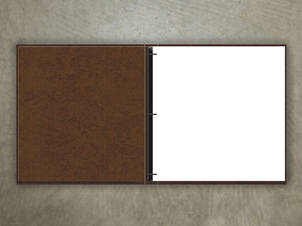 Open brown menu cover with a three-ring binder