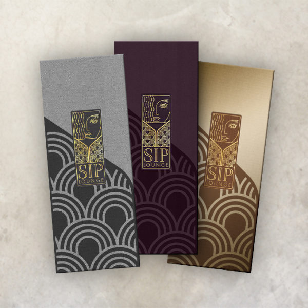 Three art deco style menu covers printed foil stamped