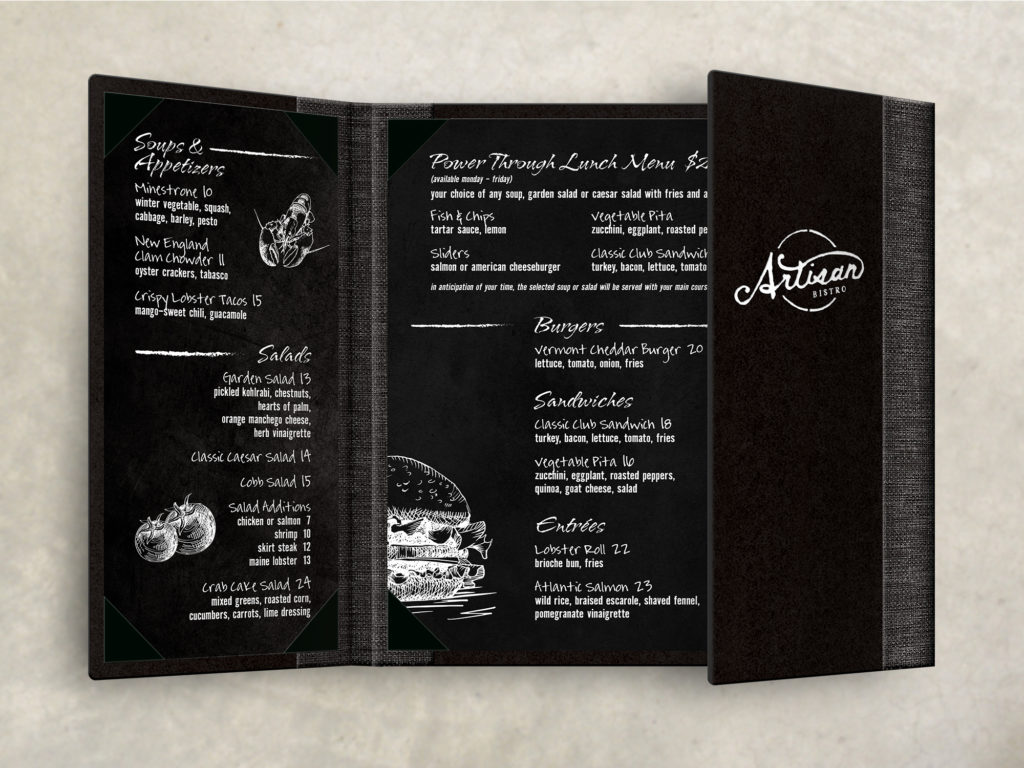 black gatefold menu upscale chalkboard