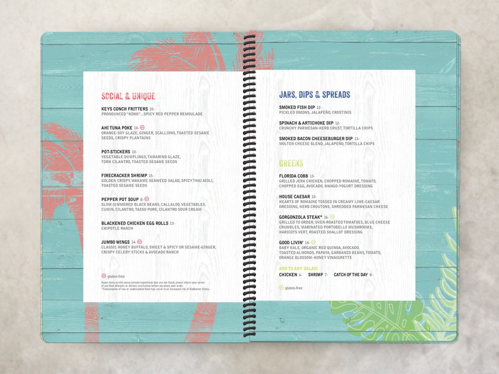 spiral bound rustic beach bar menu