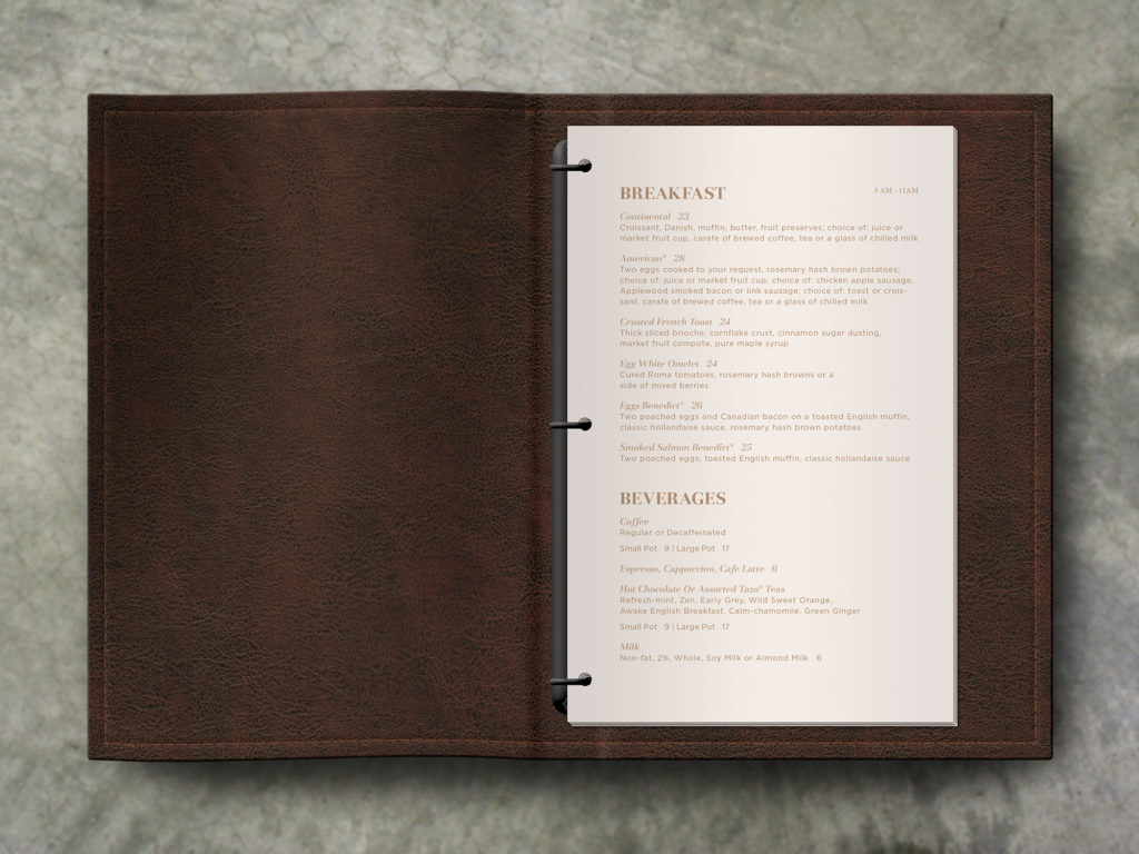 floppy leather menu cover with branded logo