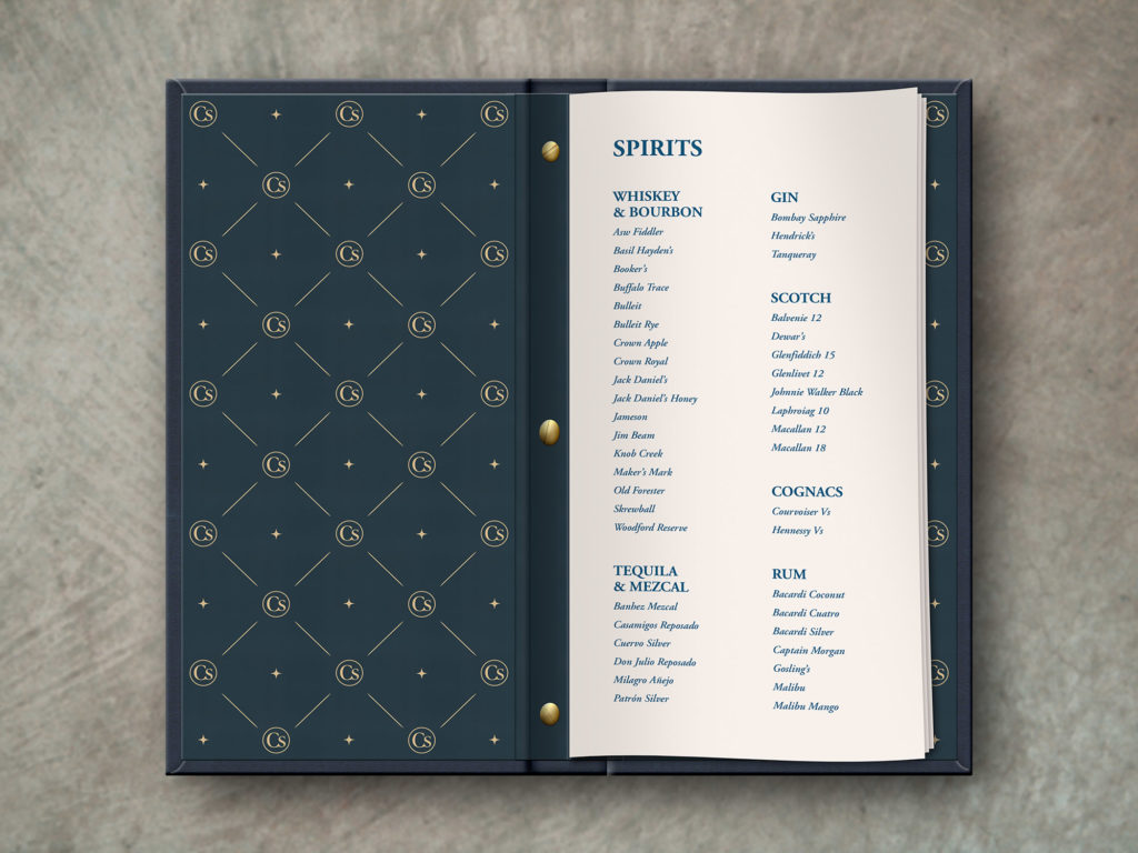 Navy Blue Menu cover with Patterned Interior Panel and brass screwposts