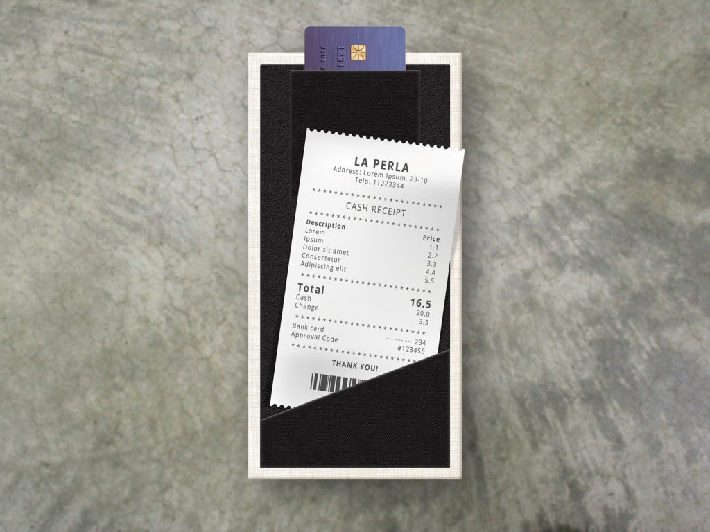 White check presenter with black pocket for receipt and credit card
