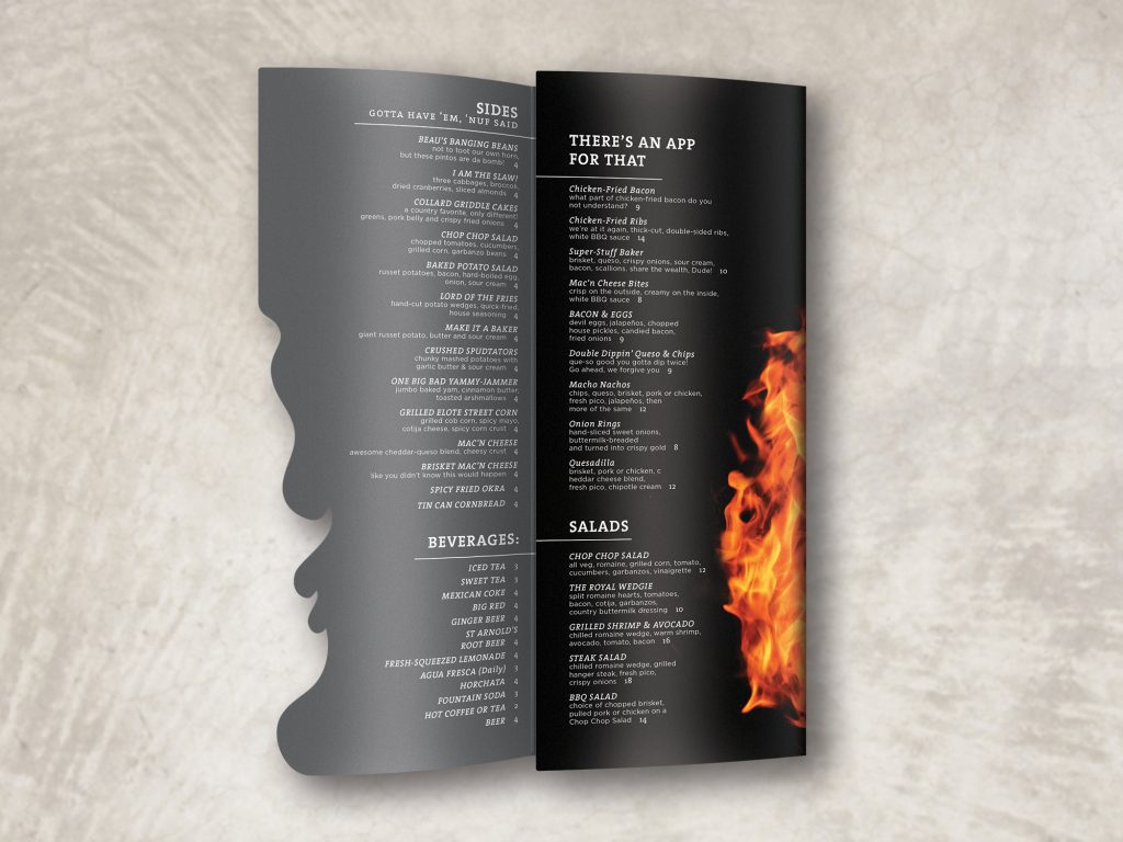 A folded menu with a diecut shape that looks like flames