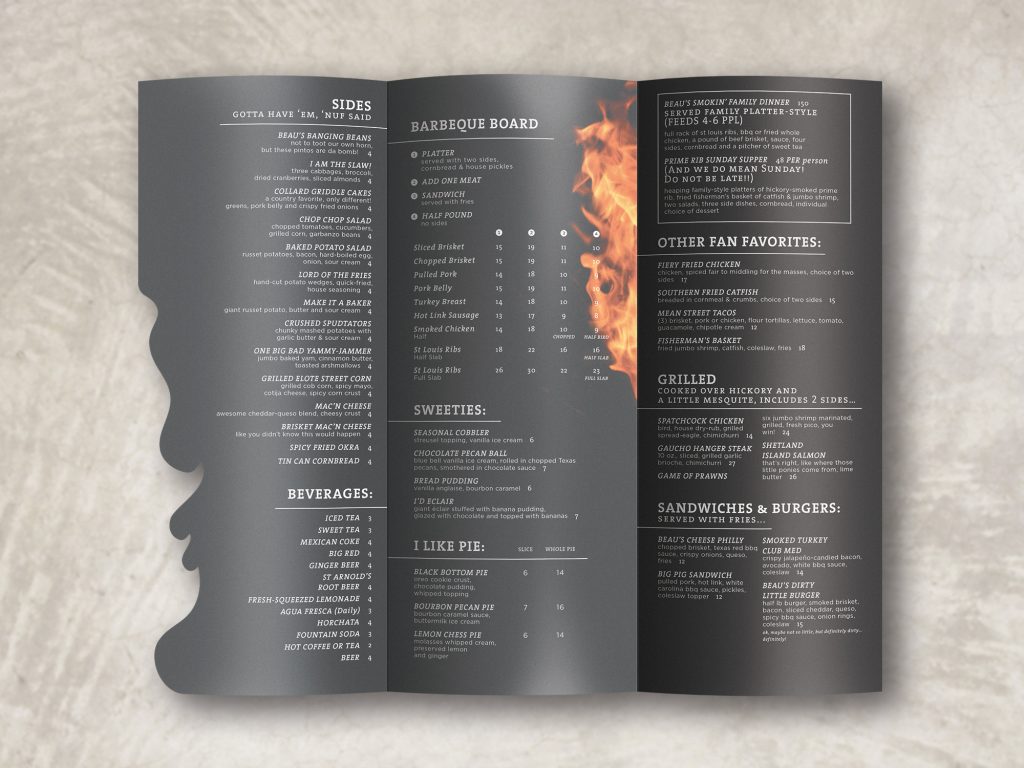A folded menu with a diecut shape that looks like flames
