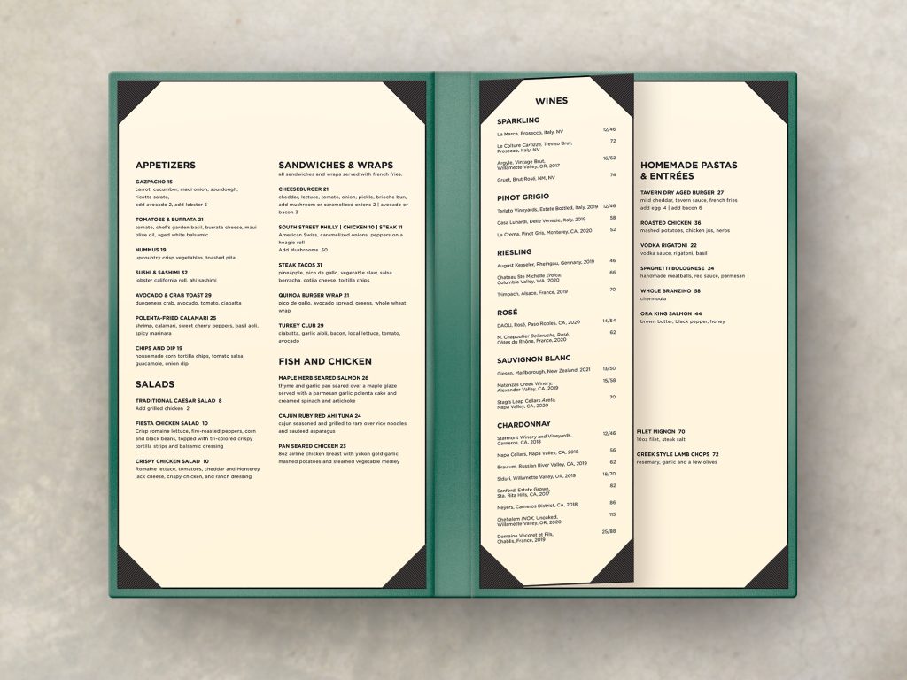 A menu cover that holds two full size insert and one half-size insert via black corner pockets
