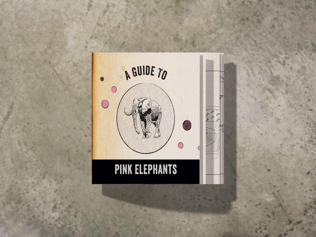 Printed Menu Booklet titled "A Guide to Pink Elephants" with some whimsical elephant illustrations