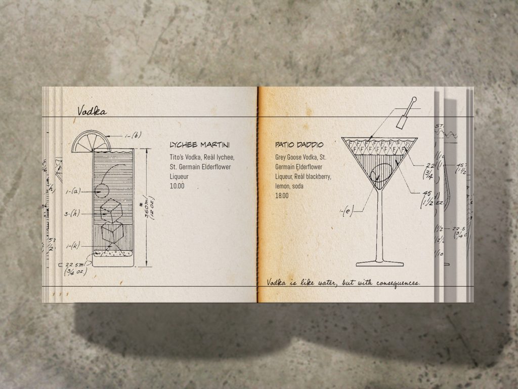 Interior of a printed cocktail menu  with vintage cocktail diagram illustrations