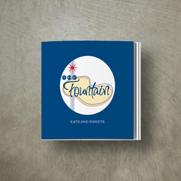 Blue Printed Menu Booklet featuring a logo for The Fountain