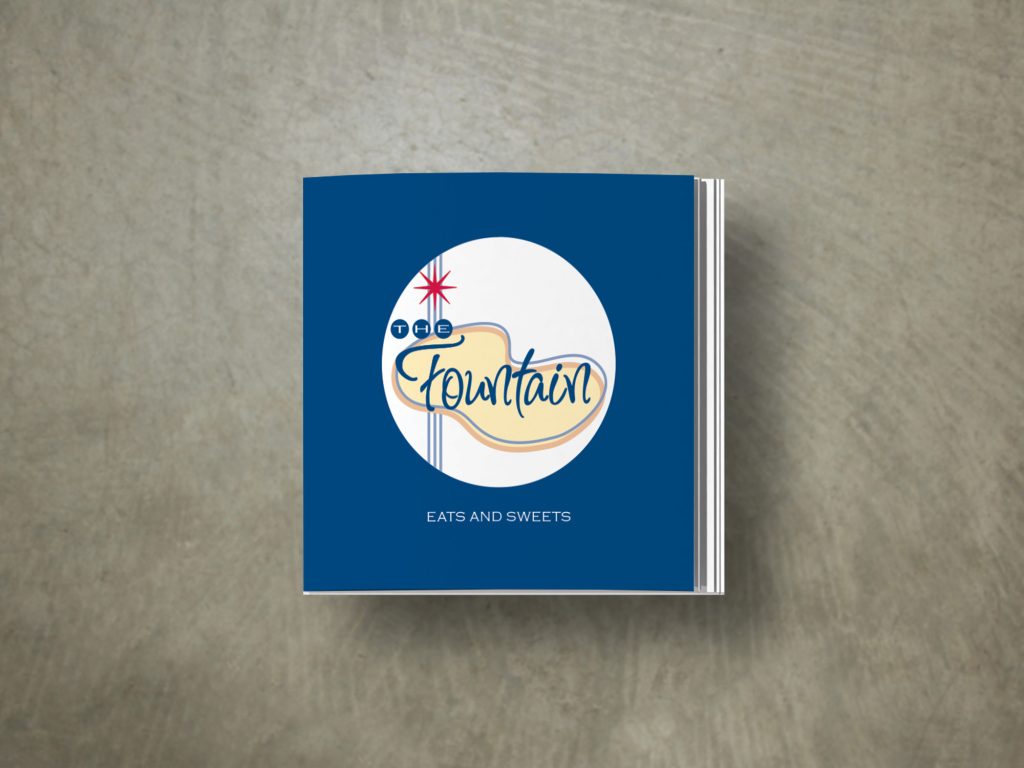 Blue Printed Menu Booklet featuring a logo for The Fountain
