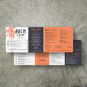 Rectangular Printed Menu Card with a blue, coral and white color scheme