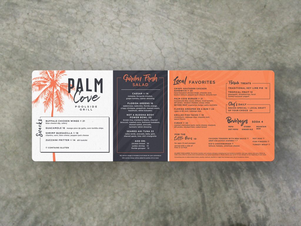 Rectangular Printed Menu Card with a blue, coral and white color scheme and a palm tree illustration