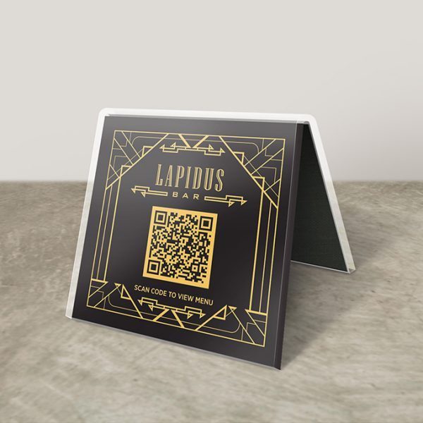 Acrylic Table Tent with black and gold art deco artwork & QR code