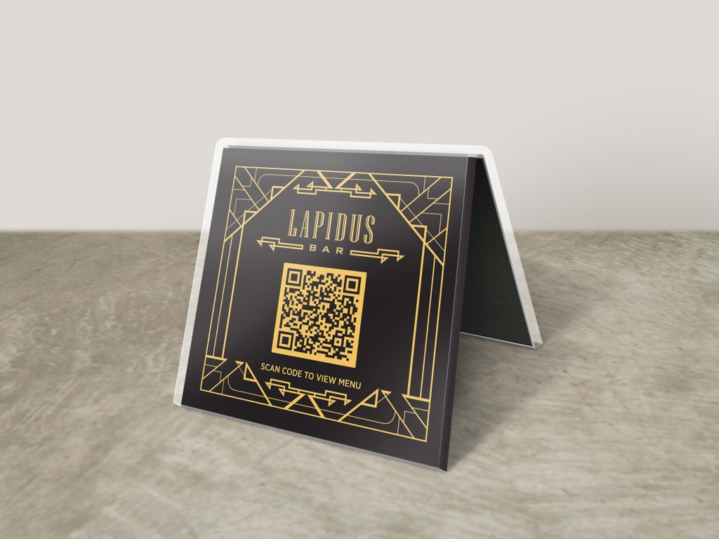 Acrylic Table Tent with black and gold art deco artwork & QR code