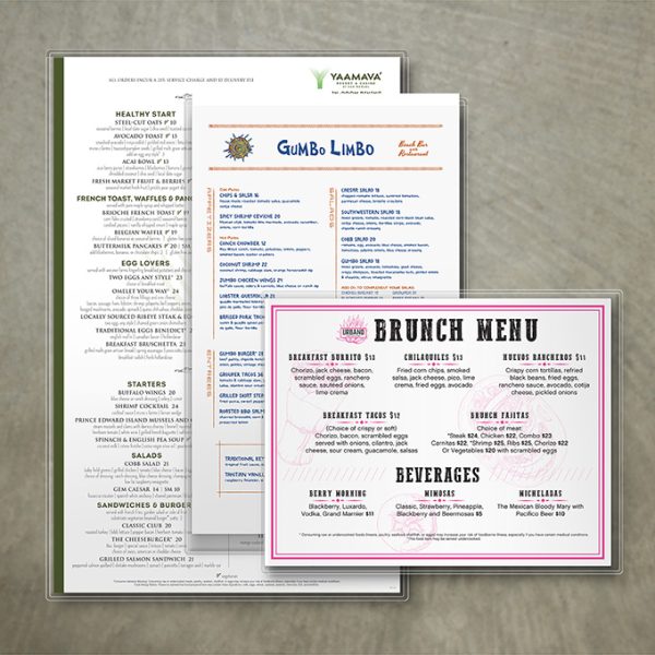 Three different sizes of printed menus in waterproof clear plastic sleeves