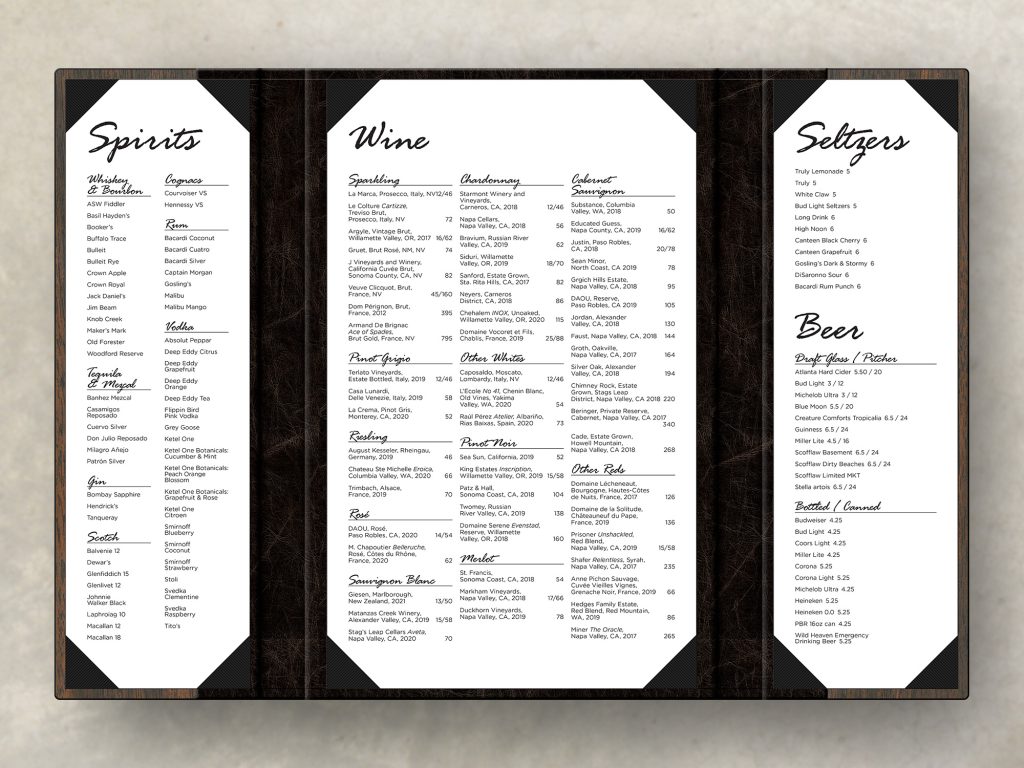 Interior of gatefold menu that holds one full suize insert and two half-size inserts